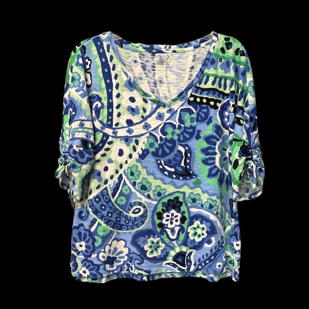 Talbots Women’s Ruched Sleeves Cotton-Modal Blend Paisley Print Top Size Medium